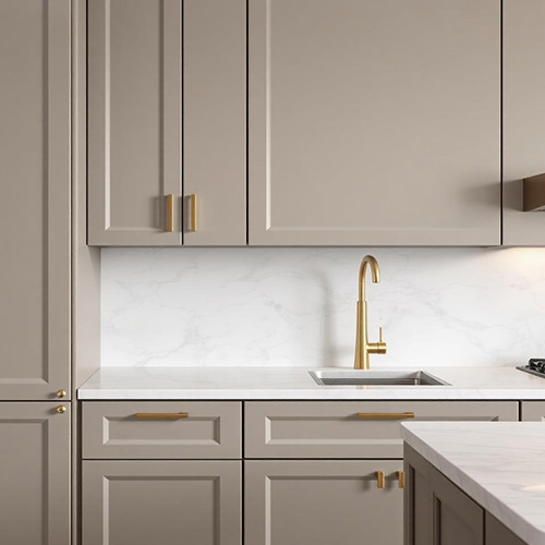Taupe handleless cabinetry with marble backsplash and brass tapware